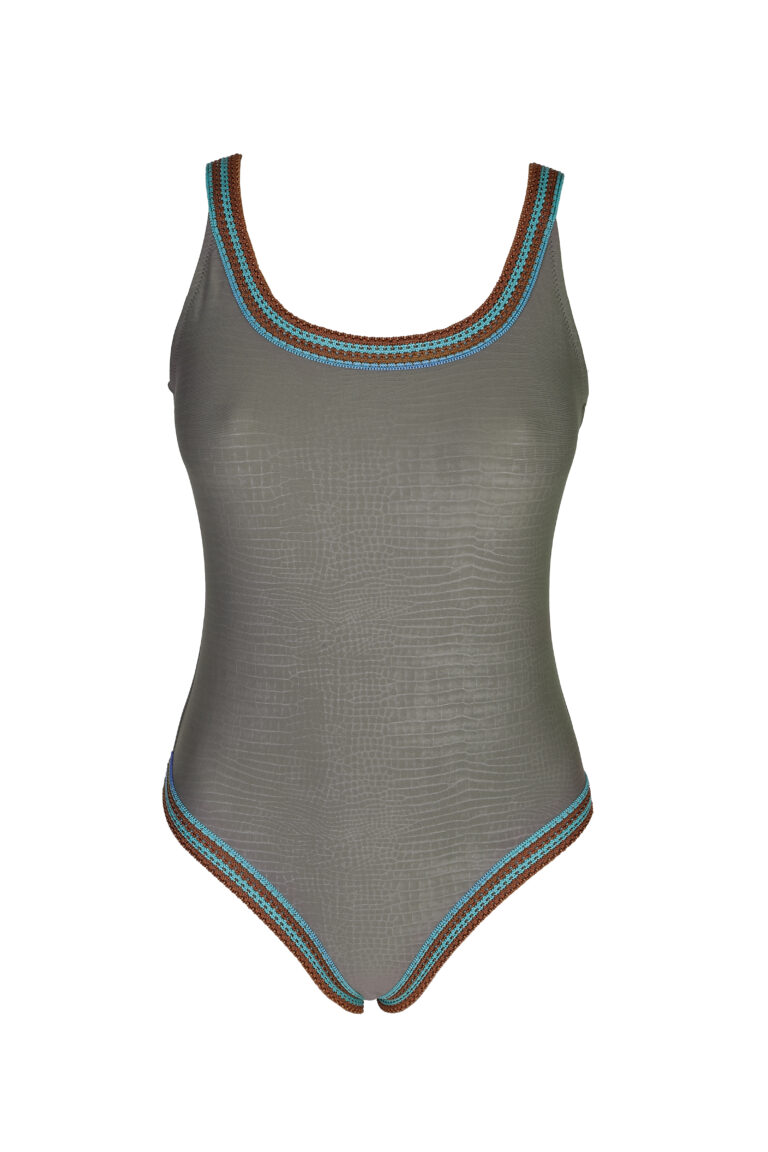 One piece swimsuit in beige color with removable cups by Sand in My Toes. The coverage is moderate. This item is totally produced in Greece.