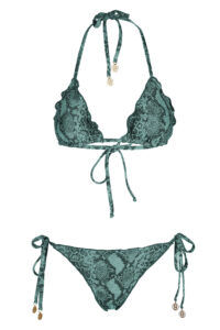 Triangle bikini with removable pads and adjustable ties at side hip with trims endings.