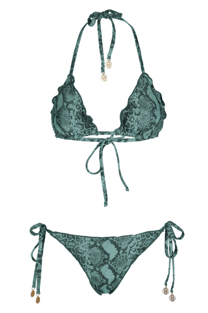 Triangle bikini with removable pads and adjustable ties at side hip with trims endings.