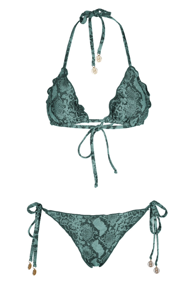 Triangle bikini with removable pads and adjustable ties at side hip with trims endings.