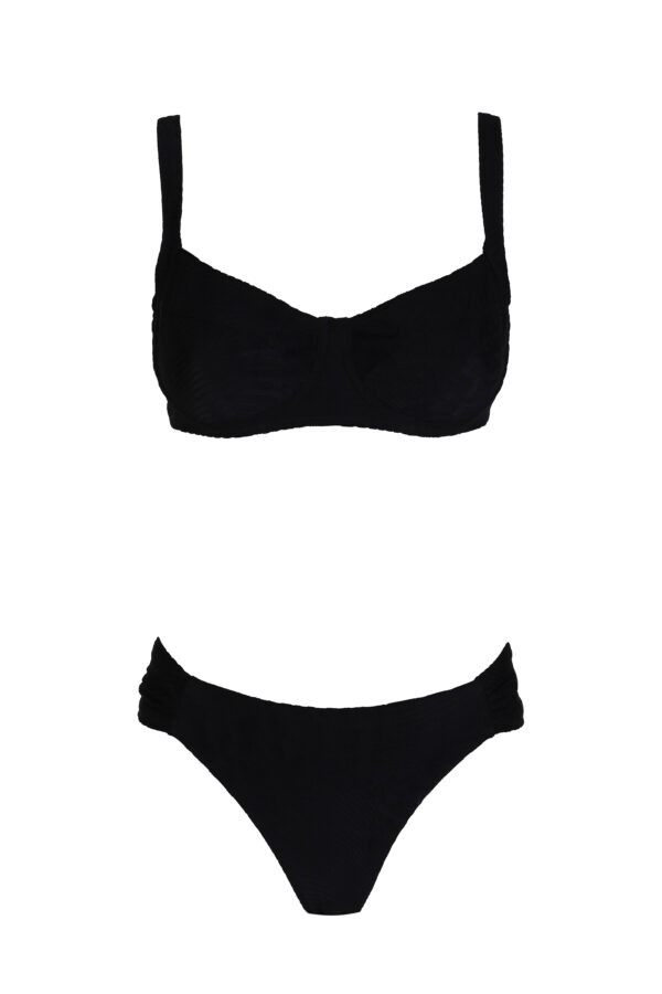 Black Jacquard Cali bikini by Sand in My Toes with underwire and adjustable straps for a secure fit. Soft to the touch with supportive comfort for D cups.