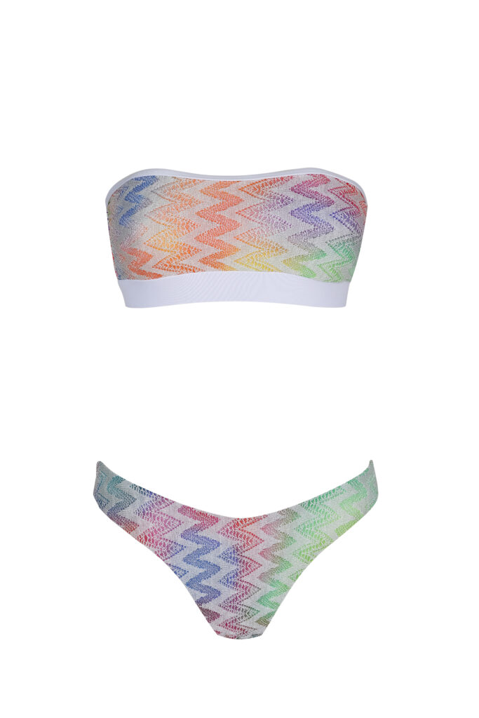 Strapless bikini with pads & elastic band for secure fit. The bottom is of moderate coverage. Fully lined. High lurex quality fabric made in Spain. This item is totally produced in Greece.