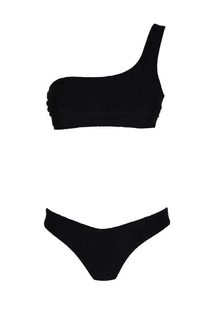 One shoulder bikini with removable pads. The bottom is of moderate coverage. Fully lined. High quality jacquard fabric. This item is totally produced in Greece.