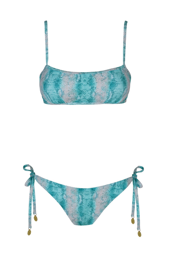 Bikini with removable cups, fixed straps and back clasp closure in striking aqua snake print. The bottom is of moderate coverage. Made in Greece.