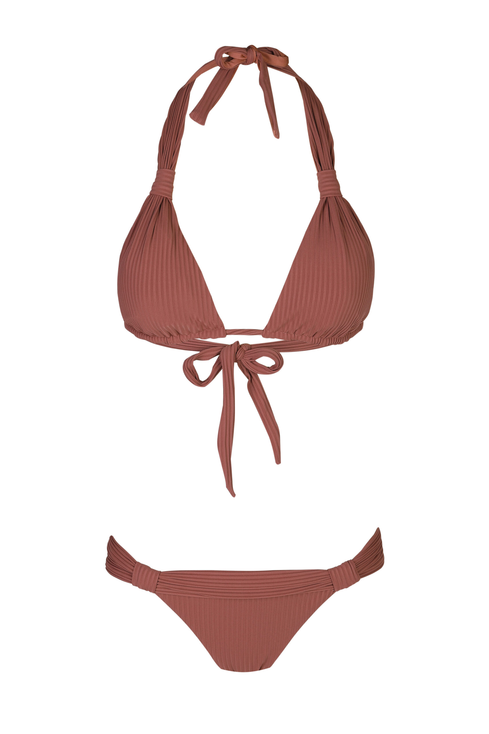 EL_SIMT_2026_3019 Rosewood Ribbed Relax Bikini by Sand in my Toes with removable cups pads for a perfect fit. The bottom is of moderate coverage. Made in Greece.